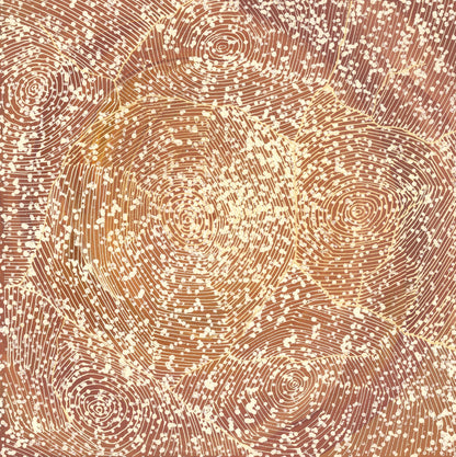 An aerial-style dot painting in warm terracotta and cream, with concentric circles and flowing combed lines suggesting waterholes, dunes and pathways across Country.