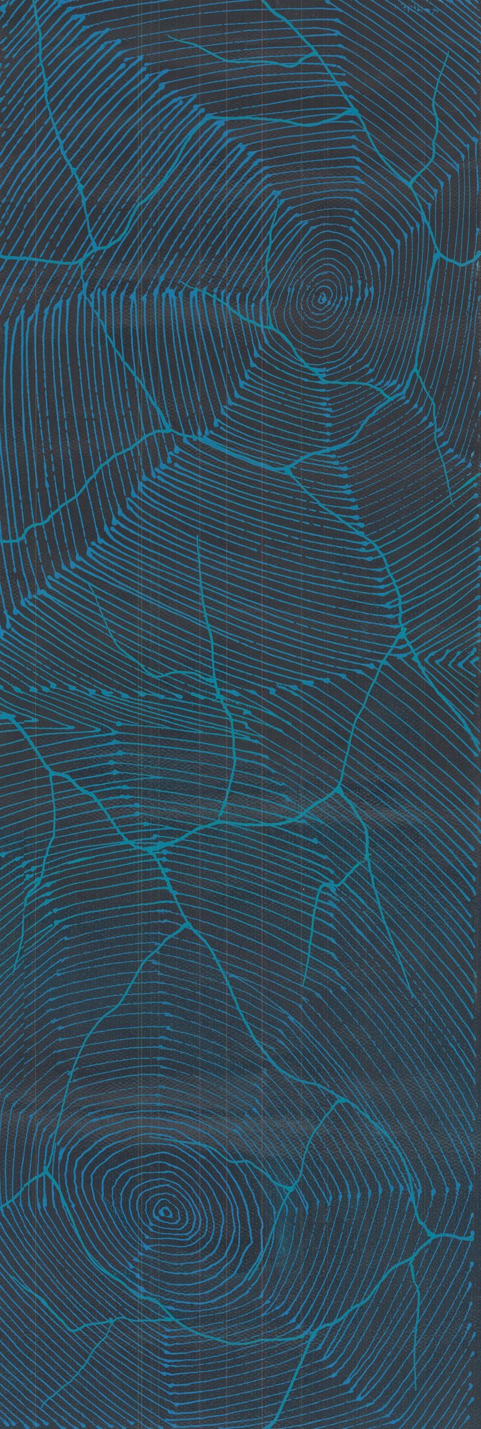 An elongated vertical painting in deep midnight blue, marked with luminous turquoise concentric circles and branching, cracked lines that travel the length of the canvas like lightning or aerial topography.