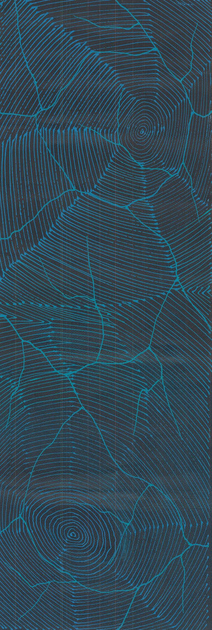 An elongated vertical painting in deep midnight blue, marked with luminous turquoise concentric circles and branching, cracked lines that travel the length of the canvas like lightning or aerial topography.