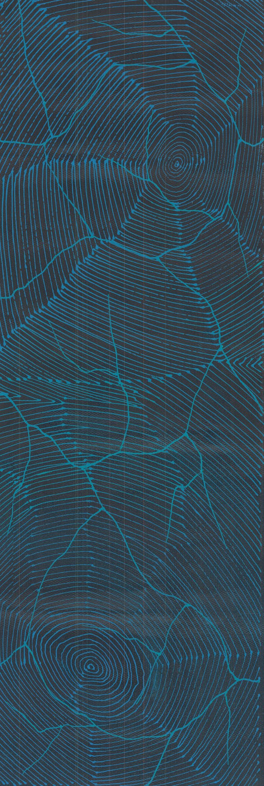 An elongated vertical painting in deep midnight blue, marked with luminous turquoise concentric circles and branching, cracked lines that travel the length of the canvas like lightning or aerial topography.