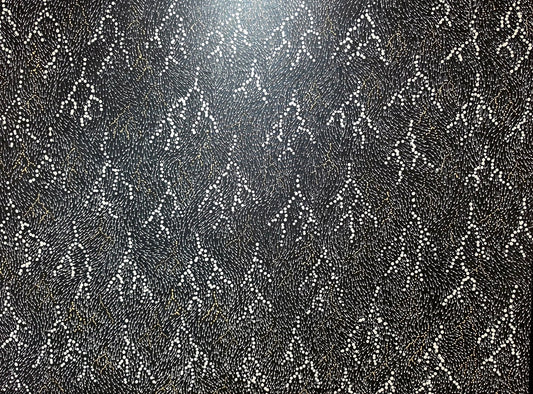 Dense aerial dot painting in white and cream on black, the dots falling in diagonal trails that suggest sheets of tropical rain across dark earth.