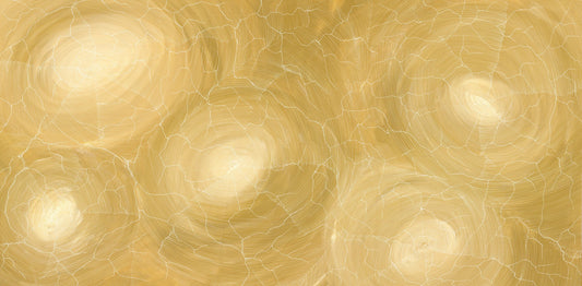A large golden and cream painting by Sarrita King showing aerial views of Country, with concentric pale circles and fine white lines mapping cracked earth across the canvas.