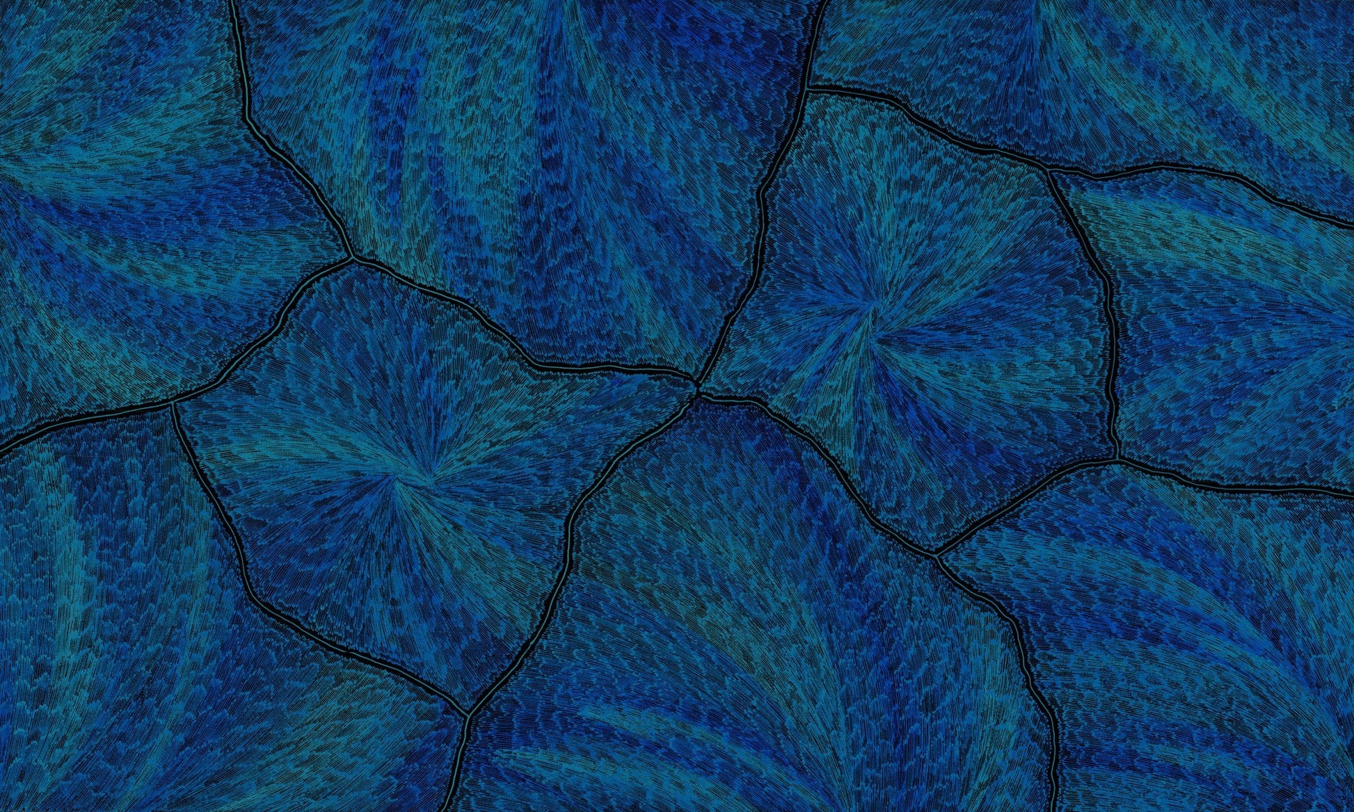 A large abstract painting in deep blue, teal and black, with jagged dark lines forking across the canvas like lightning, surrounded by finely dotted radiating fields.