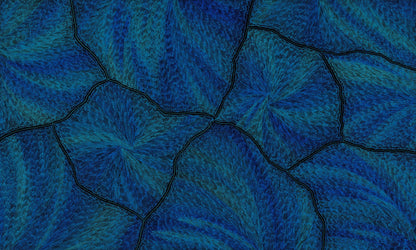 A large abstract painting in deep blue, teal and black, with jagged dark lines forking across the canvas like lightning, surrounded by finely dotted radiating fields.