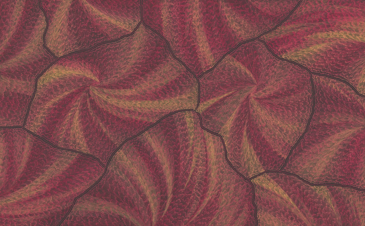 Large abstract painting of forked black lightning lines fracturing a deep red, ochre and olive dotted surface, evoking a tropical storm seen from above.