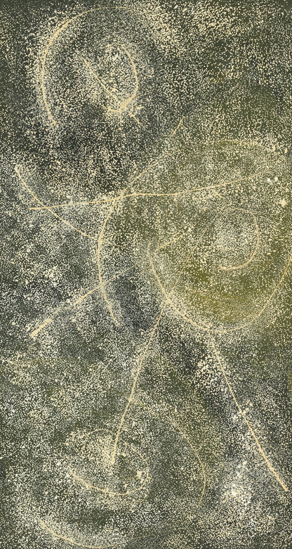 An aerial-perspective dot painting in olive green and cream, with looping pale lines tracing pathways and waterholes across a richly textured field.