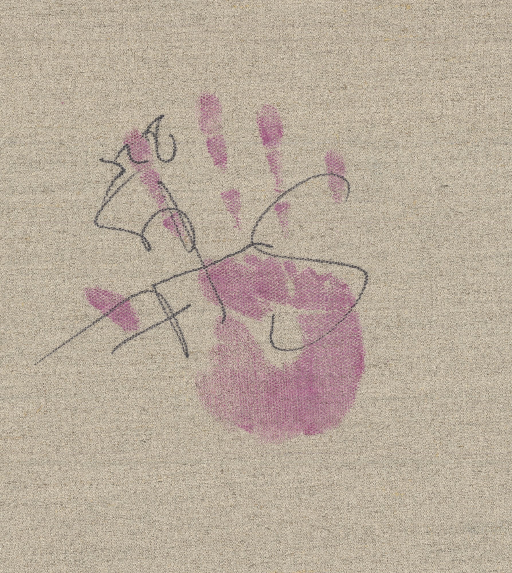 A small child's handprint in soft pink pigment on natural linen, overlaid with looping black pen marks resembling early drawing or a signature.