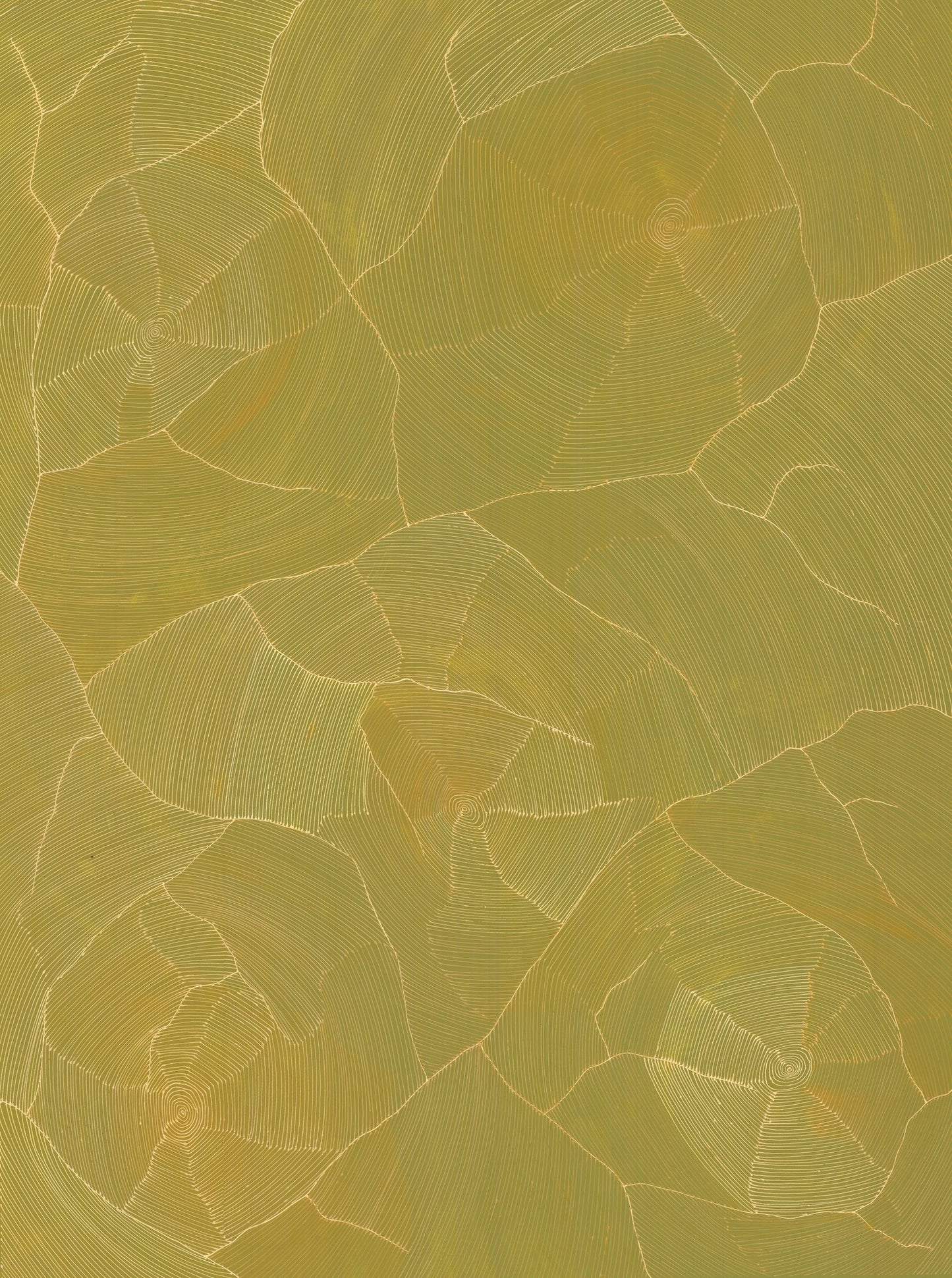 A large gold and olive canvas covered in fine hand-drawn lines radiating from multiple bright centres, evoking lightning bolts fracturing across the sky.