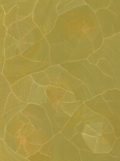 A large gold and olive canvas covered in fine hand-drawn lines radiating from multiple bright centres, evoking lightning bolts fracturing across the sky.