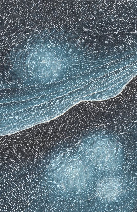 Aerial-style dot painting in deep ink blue and white, with sweeping diagonal currents of fine dotting and four luminous pale-blue circular forms suggesting waterholes.