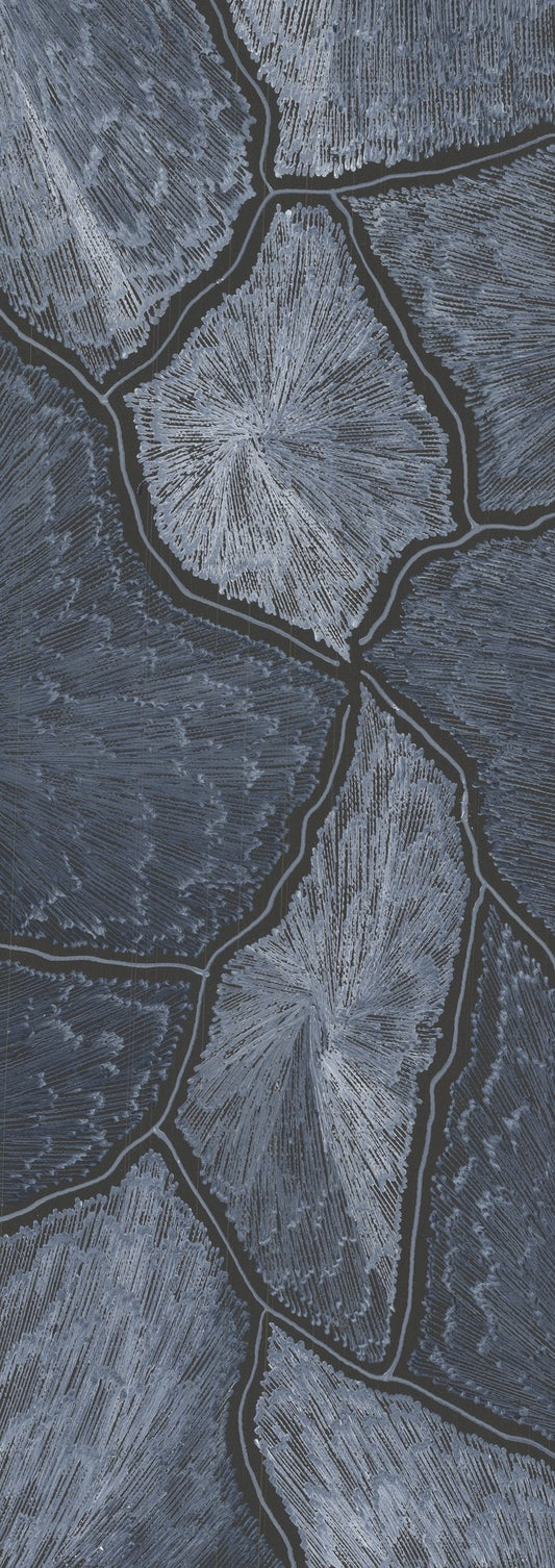 A tall vertical painting of large silver-white dotted bursts radiating across a deep indigo ground, separated by dark veining lines suggesting lightning and cracked earth.
