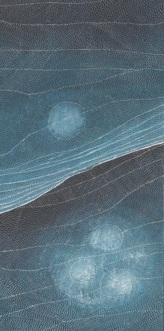 An aerial-style dot painting in deep teal and midnight blue, divided diagonally by a ridge, with pale glowing circles suggesting waterholes scattered across rippled, dotted fields.