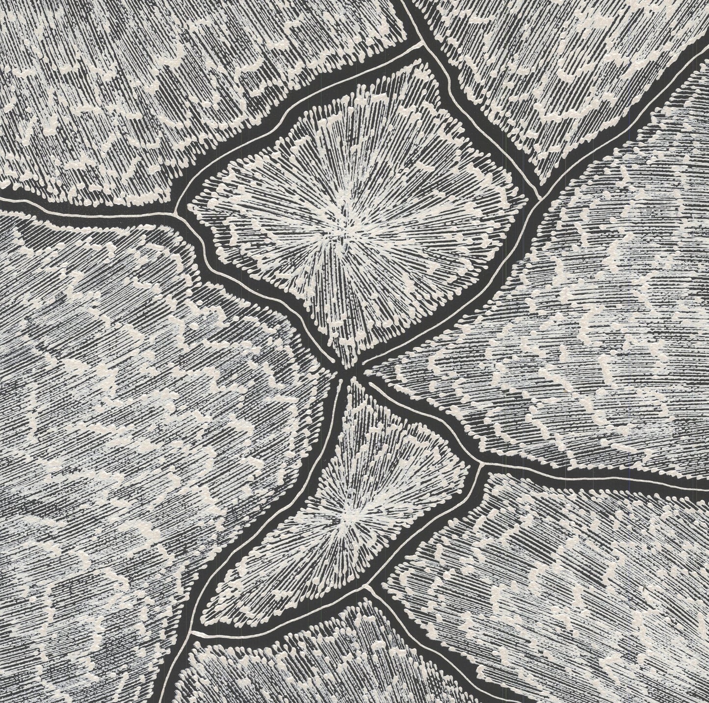 Monochrome painting by Sarrita King depicting forked lightning patterns in deep black channels separating radiant white starburst cells across a densely stippled grey field.