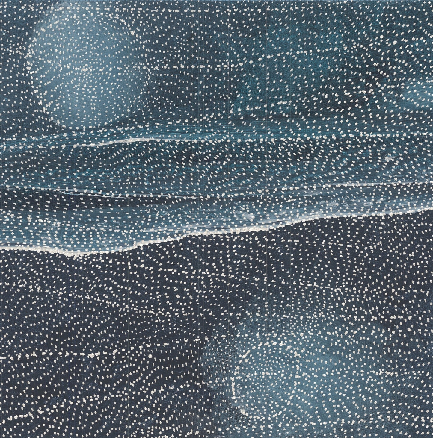Aerial-perspective dot painting in deep indigo and slate, with thousands of fine white dots tracing the rolling forms of dunes and ridges across the canvas.