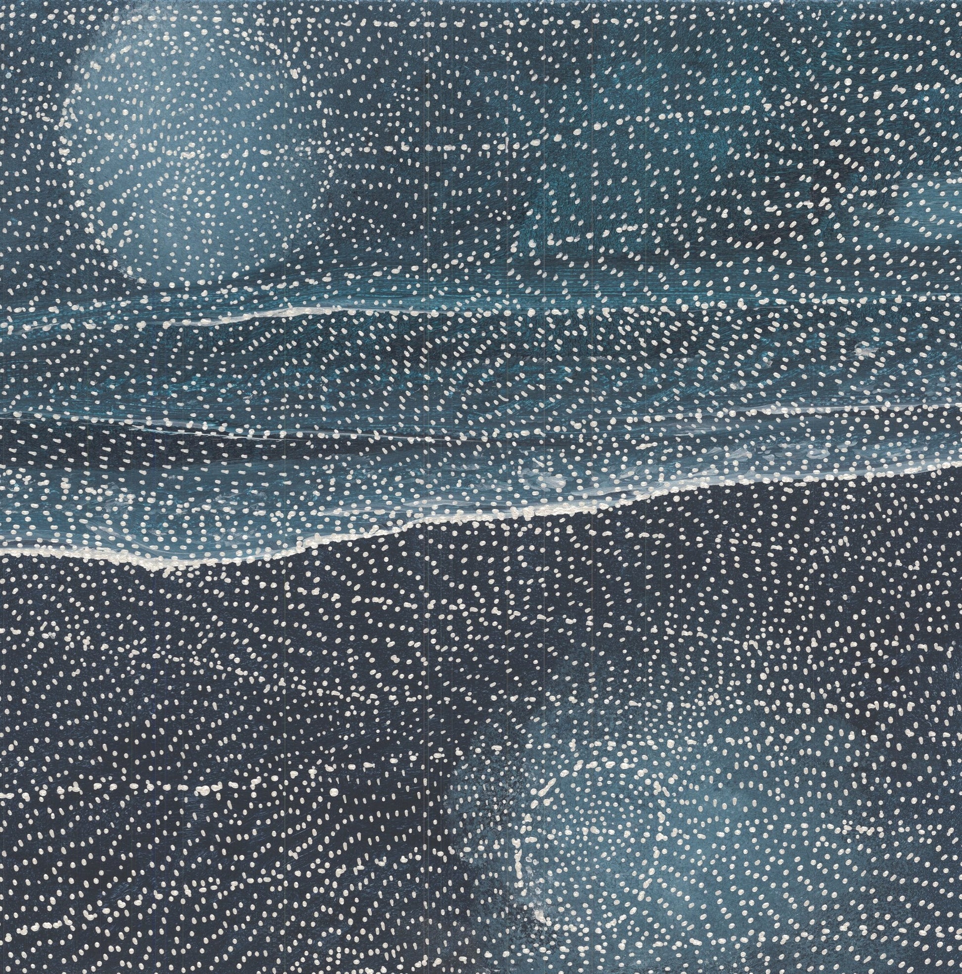 Aerial-perspective dot painting in deep indigo and slate, with thousands of fine white dots tracing the rolling forms of dunes and ridges across the canvas.
