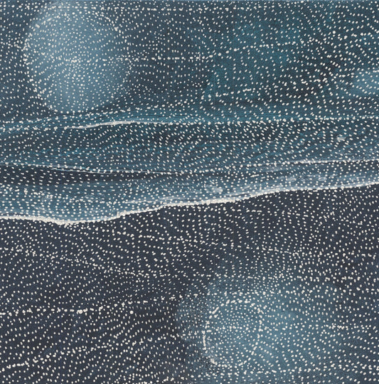 Aerial-perspective dot painting in deep indigo and slate, with thousands of fine white dots tracing the rolling forms of dunes and ridges across the canvas.