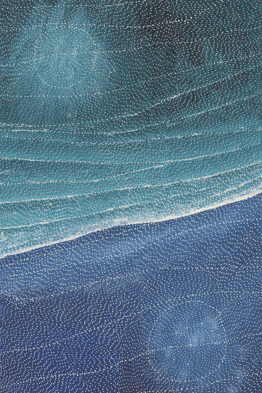 Aerial view of a coastline rendered in fine white dots on turquoise and deep blue, where pale shallows meet darker open water.