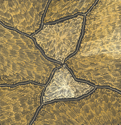 Abstract painting in gold and black showing two bright radiating cores connected by pale forked lines, evoking lightning strikes across a dark sky.