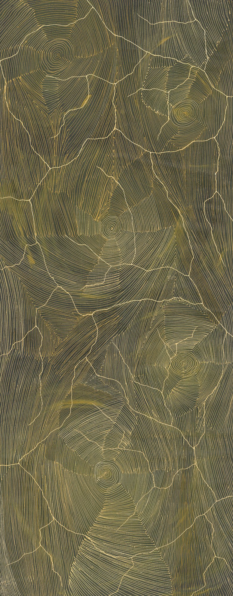 Large vertical painting in olive and dark green, finely incised with fanning lines around spiralled centres, crossed by pale gold cracks resembling lightning or dry earth.