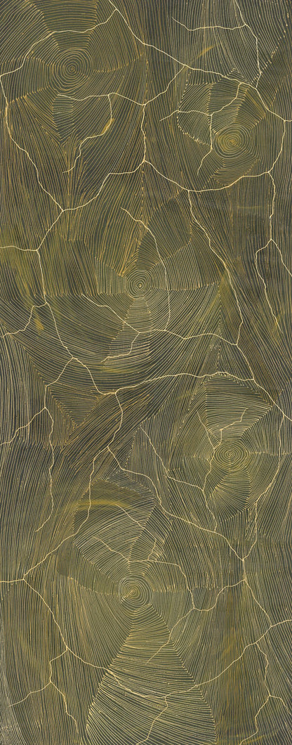 Large vertical painting in olive and dark green, finely incised with fanning lines around spiralled centres, crossed by pale gold cracks resembling lightning or dry earth.