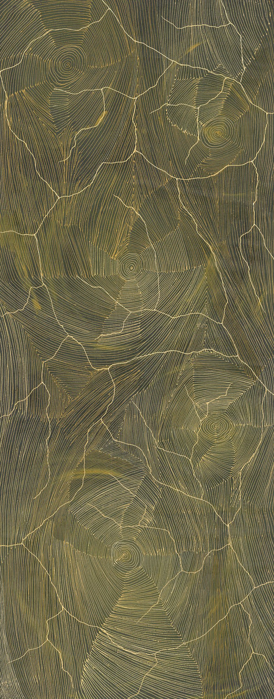 Large vertical painting in olive and dark green, finely incised with fanning lines around spiralled centres, crossed by pale gold cracks resembling lightning or dry earth.
