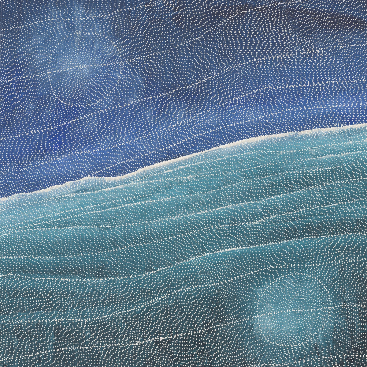 Aerial style dot painting by Sarrita King in deep indigo and teal, with fine white dots forming a star filled sky above rolling sand dune ridges.