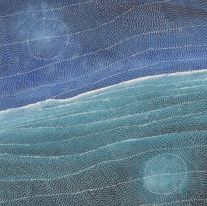 Aerial style dot painting by Sarrita King in deep indigo and teal, with fine white dots forming a star filled sky above rolling sand dune ridges.