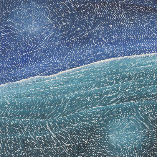 Aerial style dot painting by Sarrita King in deep indigo and teal, with fine white dots forming a star filled sky above rolling sand dune ridges.