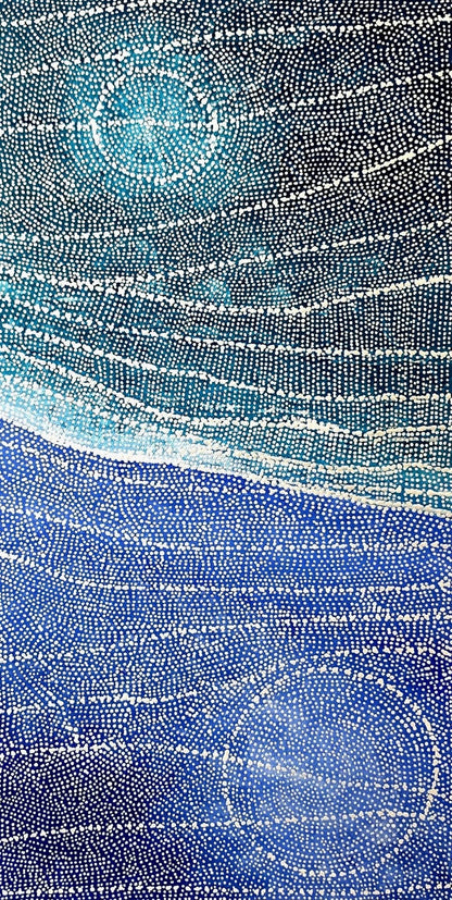 Aerial-style dot painting in deep blue and teal, with a luminous circular waterhole below and a glowing celestial body above, divided by horizontal bands of dotted current.