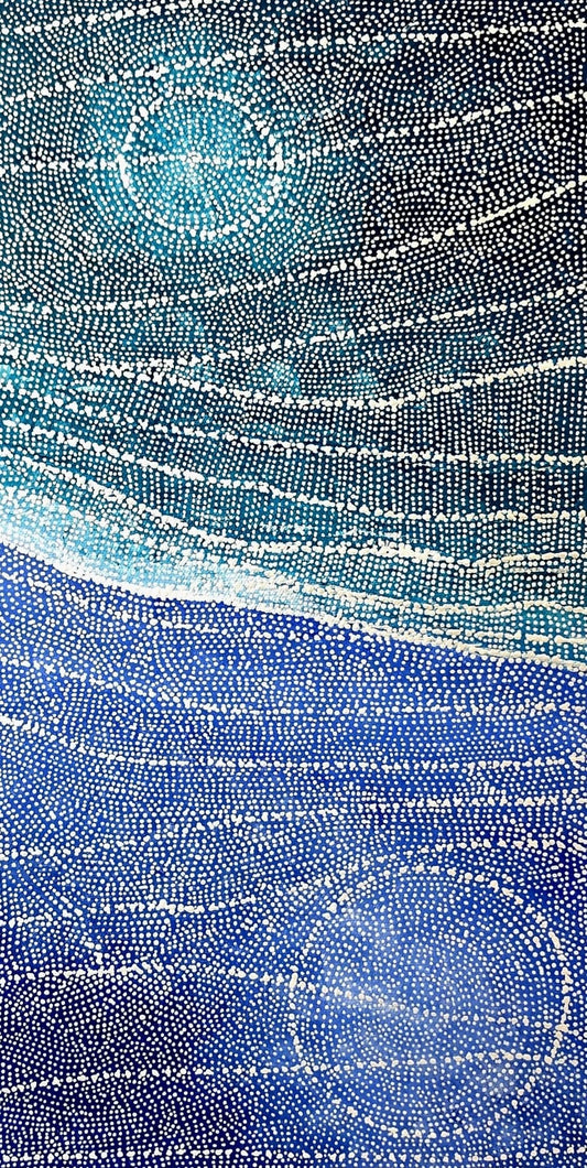 Aerial-style dot painting in deep blue and teal, with a luminous circular waterhole below and a glowing celestial body above, divided by horizontal bands of dotted current.